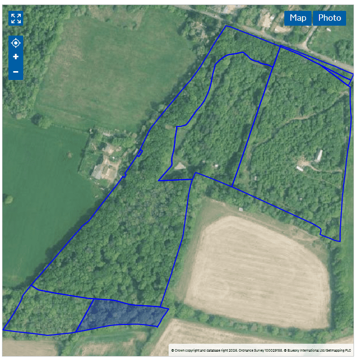 Camp Wight aerial view with land parcels registered with Rural Payments Agency overlaid